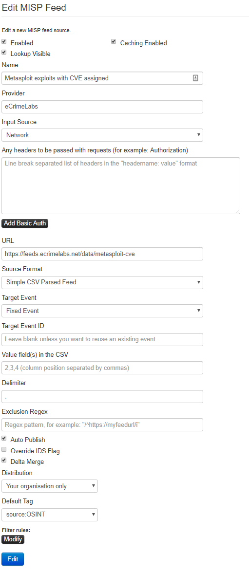 Screenshot of Metasploit CVE data imported as a custom feed in MISP